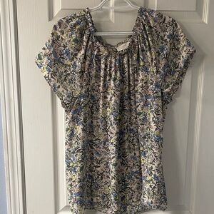 LOFT Floral Print Blouse with Blue and Yellow Accents